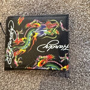Ed Hardy Black Wallet with Multicolor Dragon Graphic